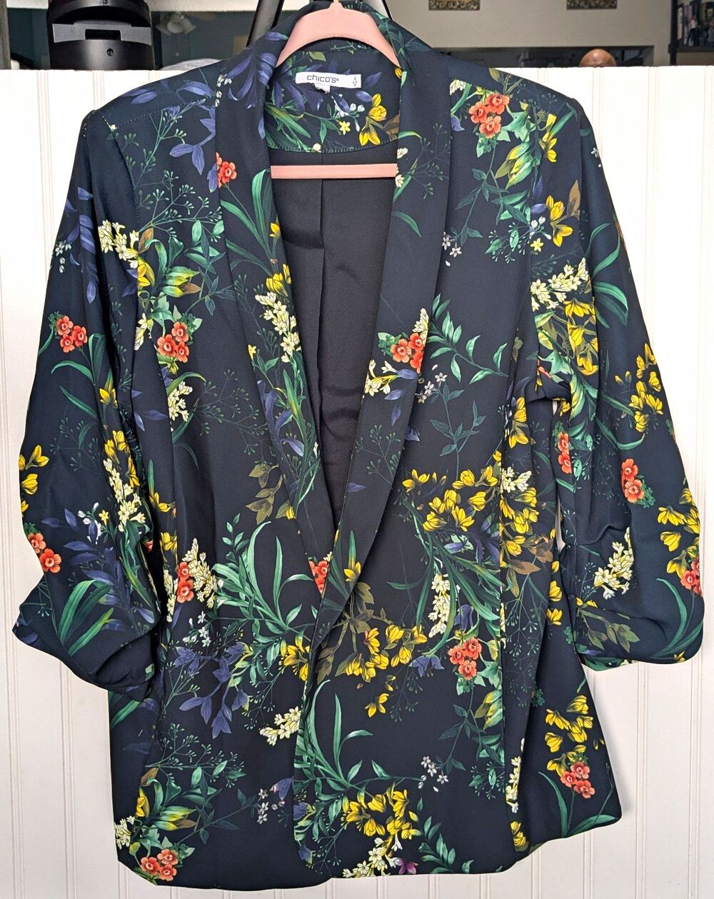 Chico's Women's 2 (12)Black Floral Open Front Ruched 3/4 Sleeve Lined Jacket